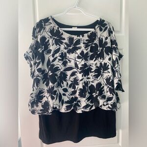 Vintage Y2K Blouson Elastic Hem Blouse Floral Black and White Women's Top